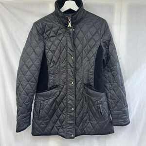 Vince Camuto Jacket Womens Medium Black Full Zip Quilted Button Coat Velvet Trim